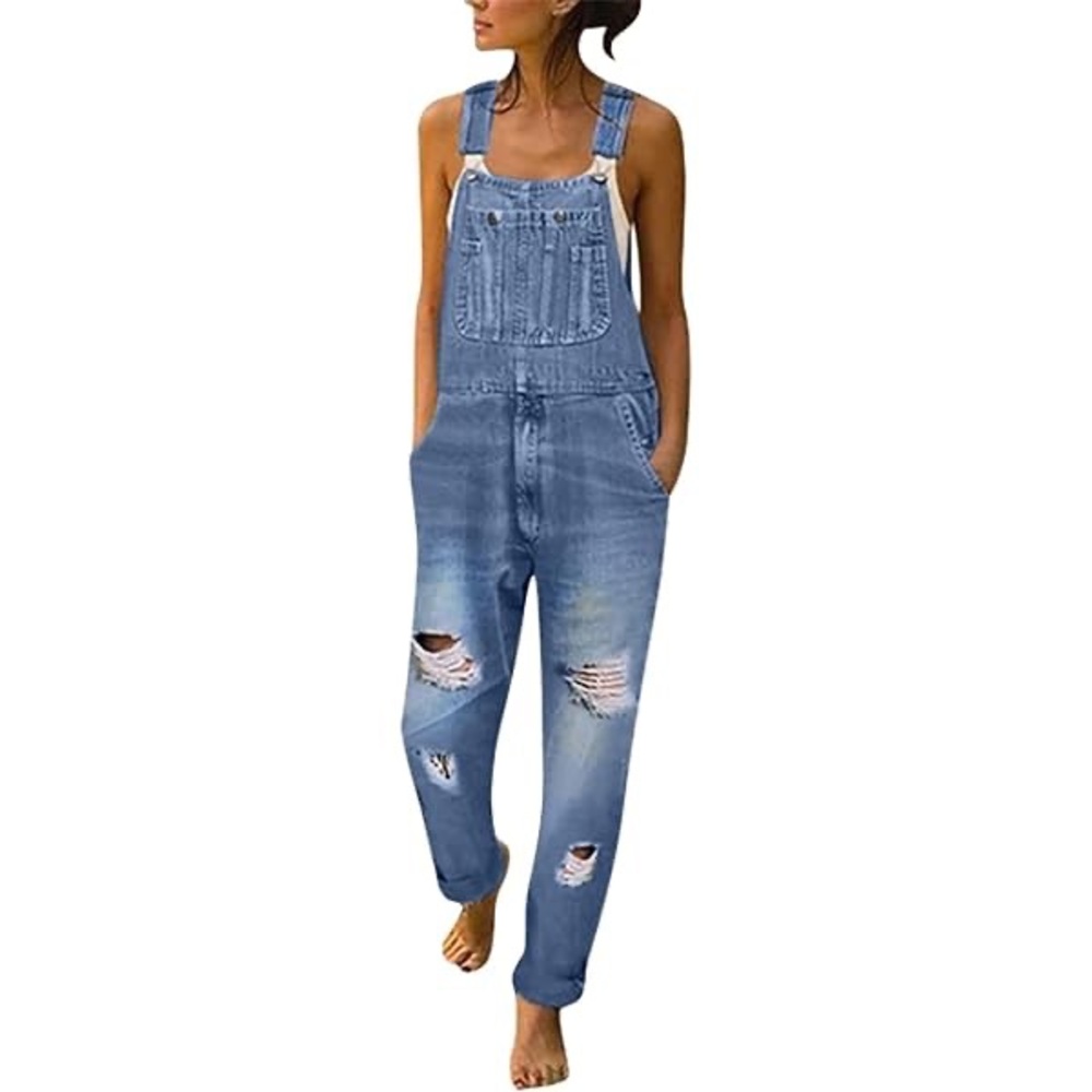 Classic Blue Distressed Denim Women’s Overalls